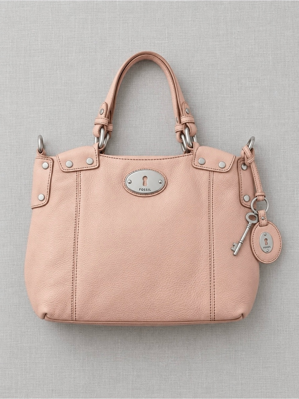 Vintage Fossil Maddox Soft Pebble Leather Satchel Blush Pink Skeleton Key Charm